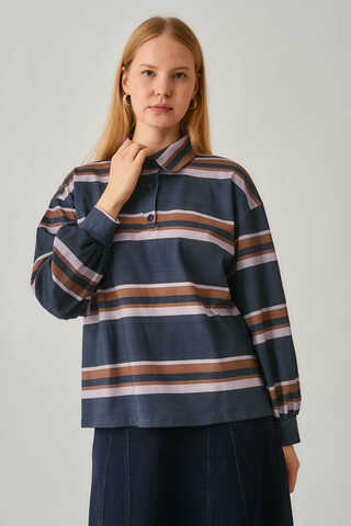Çizgi Baskılı Sweatshirt Lacivert - 1