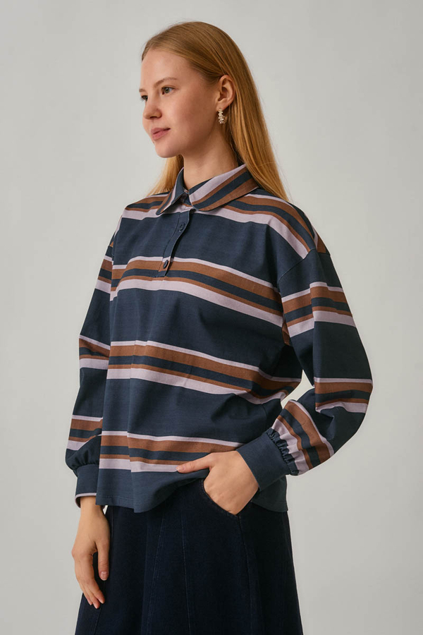 Çizgi Baskılı Sweatshirt Lacivert - 6