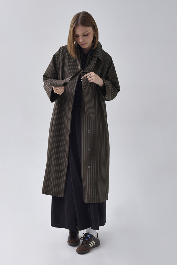 Çizgi Desenli Trençkot Kahverengi - 5