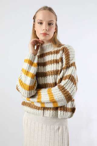 Çizgili Balıkçı Yaka Kazak Kahve - 1