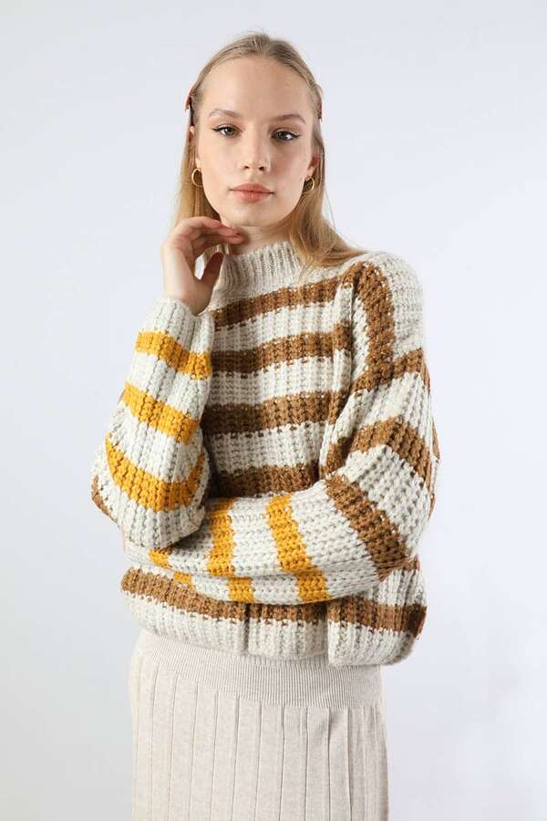 Çizgili Balıkçı Yaka Kazak Kahve - 1