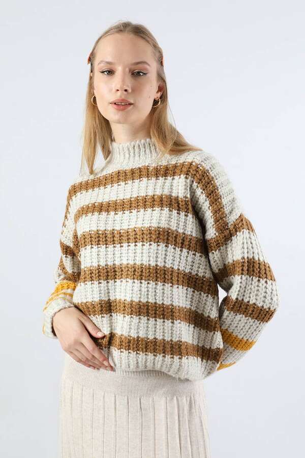 Çizgili Balıkçı Yaka Kazak Kahve - 3