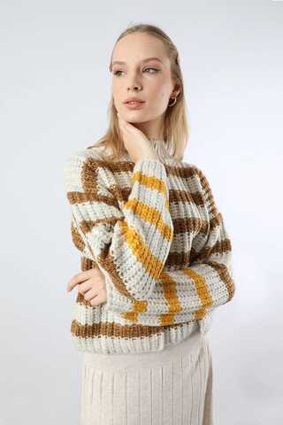 Çizgili Balıkçı Yaka Kazak Kahve - 5