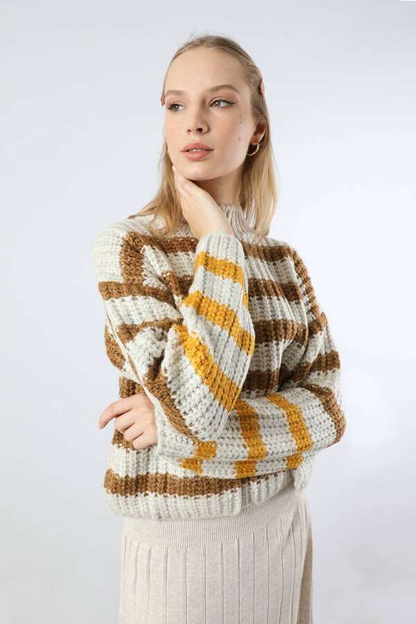 Çizgili Balıkçı Yaka Kazak Kahve - 5