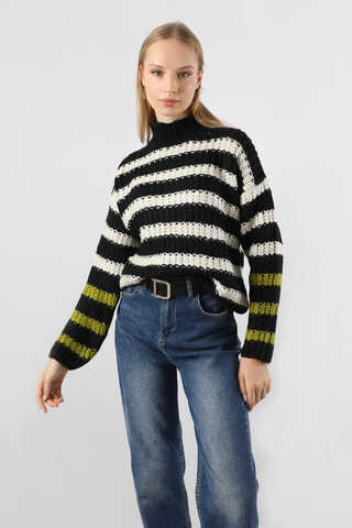 Çizgili Balıkçı Yaka Kazak Siyah - 1