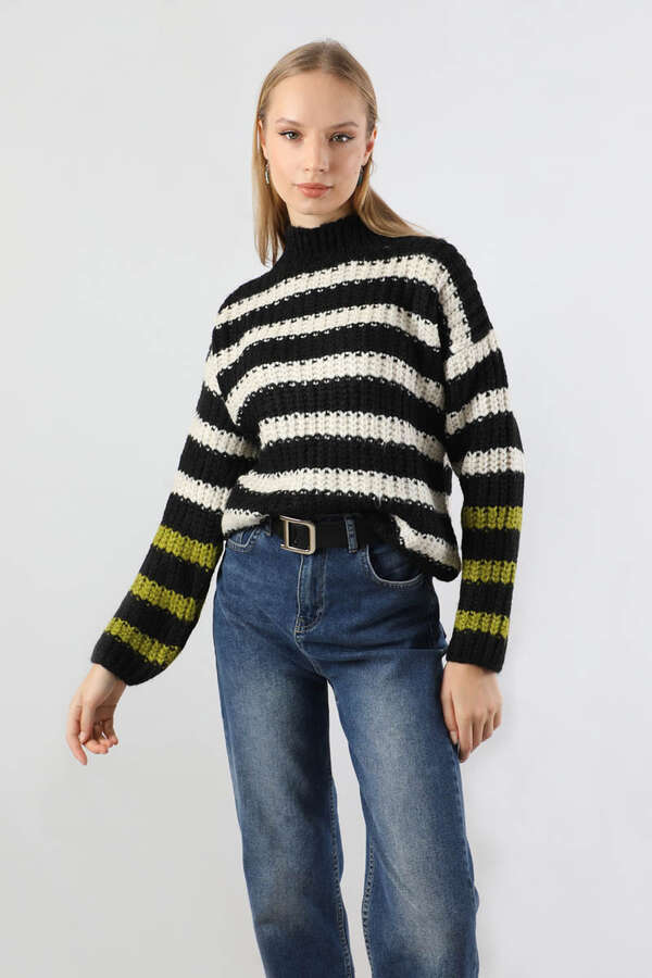 Çizgili Balıkçı Yaka Kazak Siyah - 1