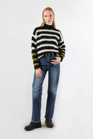 Çizgili Balıkçı Yaka Kazak Siyah - 2