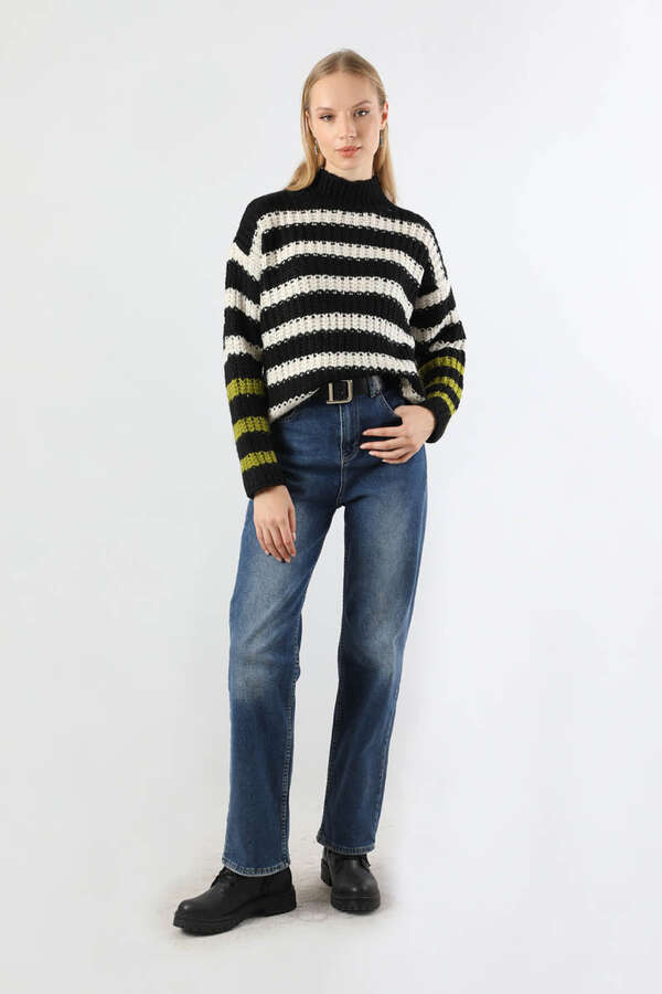 Çizgili Balıkçı Yaka Kazak Siyah - 2