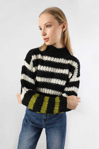 Çizgili Balıkçı Yaka Kazak Siyah - 3