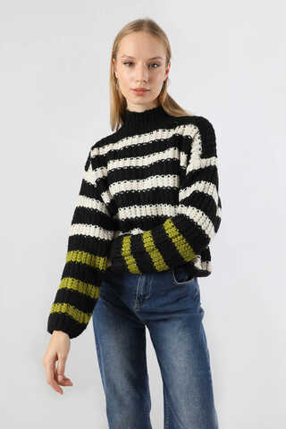 Çizgili Balıkçı Yaka Kazak Siyah - 4