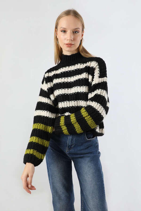 Çizgili Balıkçı Yaka Kazak Siyah - 4