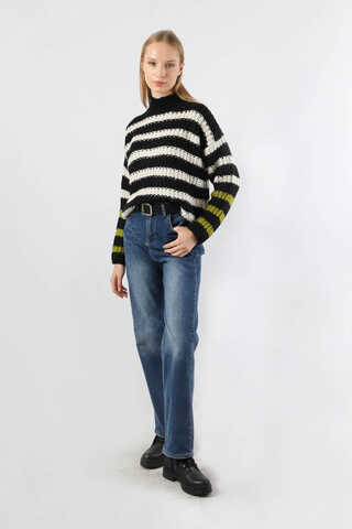 Çizgili Balıkçı Yaka Kazak Siyah - 5