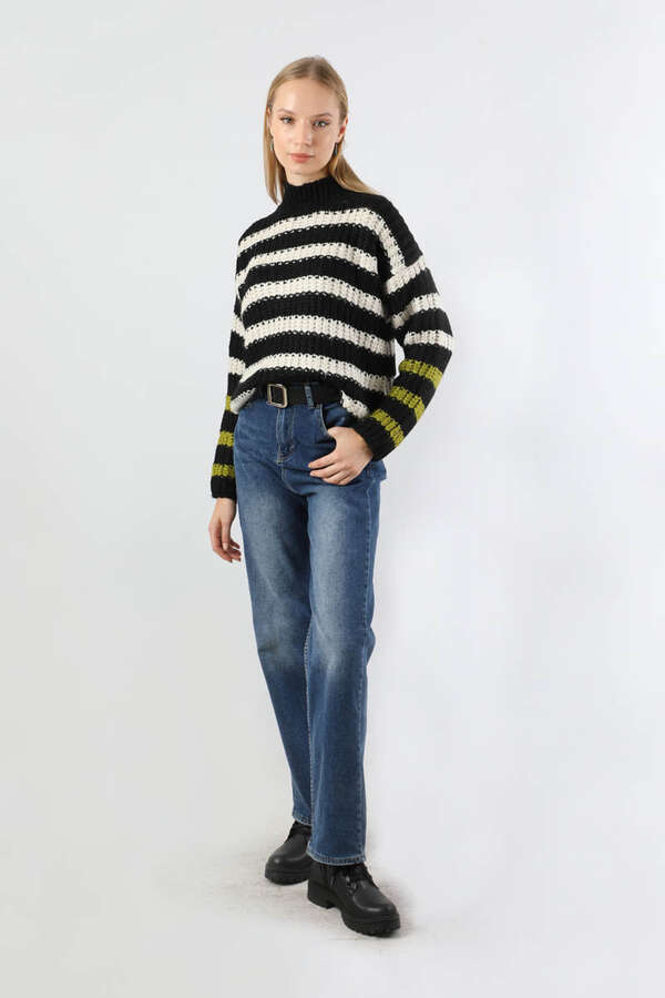 Çizgili Balıkçı Yaka Kazak Siyah - 5