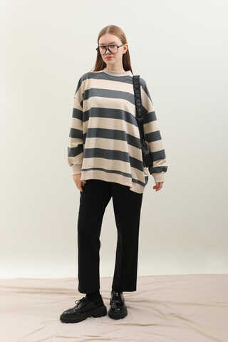 Çizgili Basic Sweat Füme - 2
