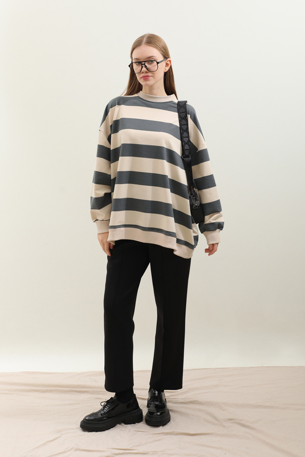Çizgili Basic Sweat Füme - 2