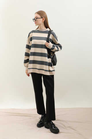 Çizgili Basic Sweat Füme - 3