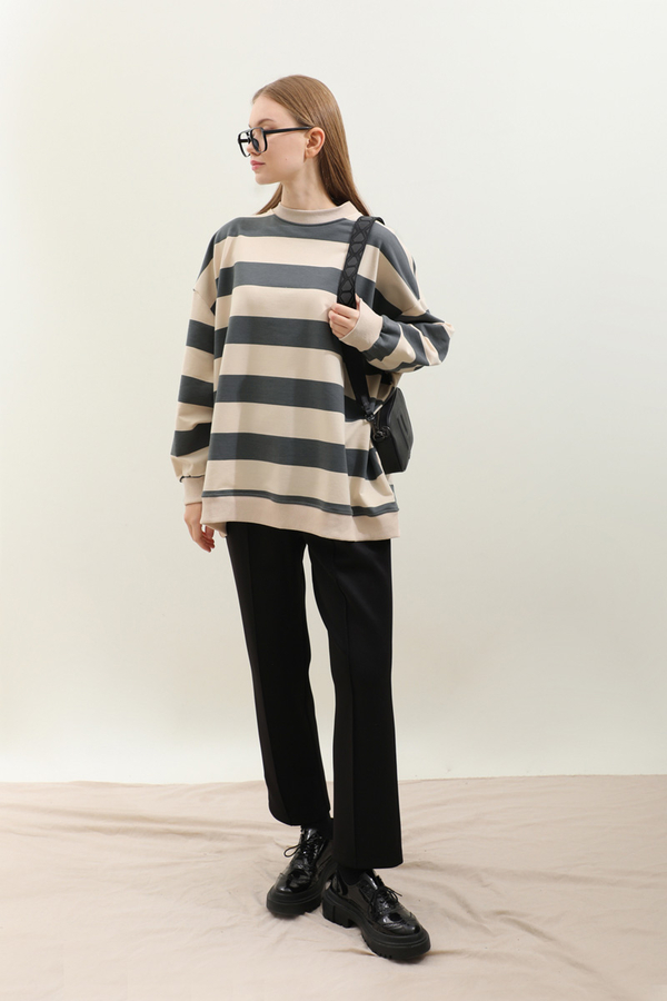 Çizgili Basic Sweat Füme - 3