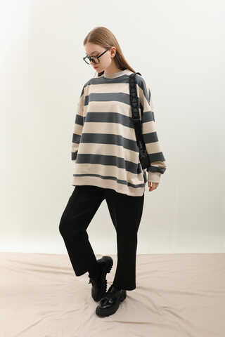 Çizgili Basic Sweat Füme - 4