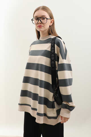 Çizgili Basic Sweat Füme - 5