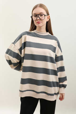 Çizgili Basic Sweat Füme - 6