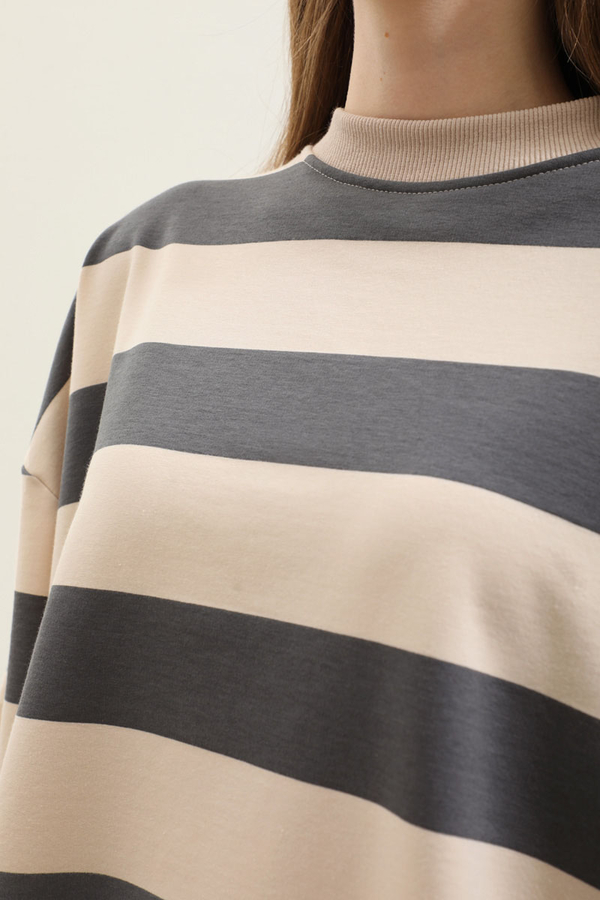 Çizgili Basic Sweat Füme - 7