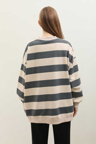 Çizgili Basic Sweat Füme - 8