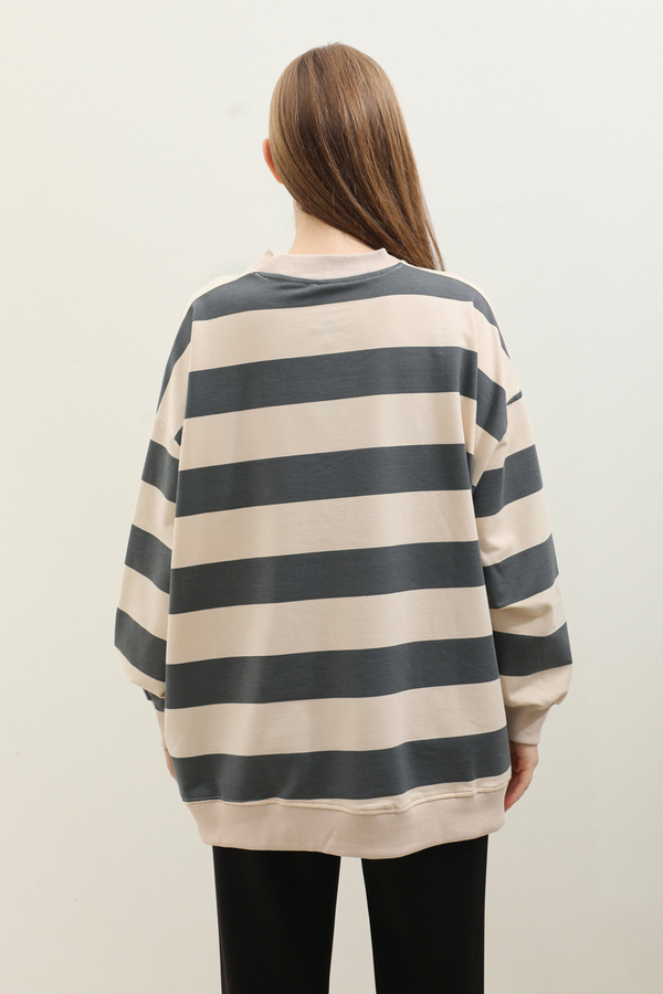 Çizgili Basic Sweat Füme - 8