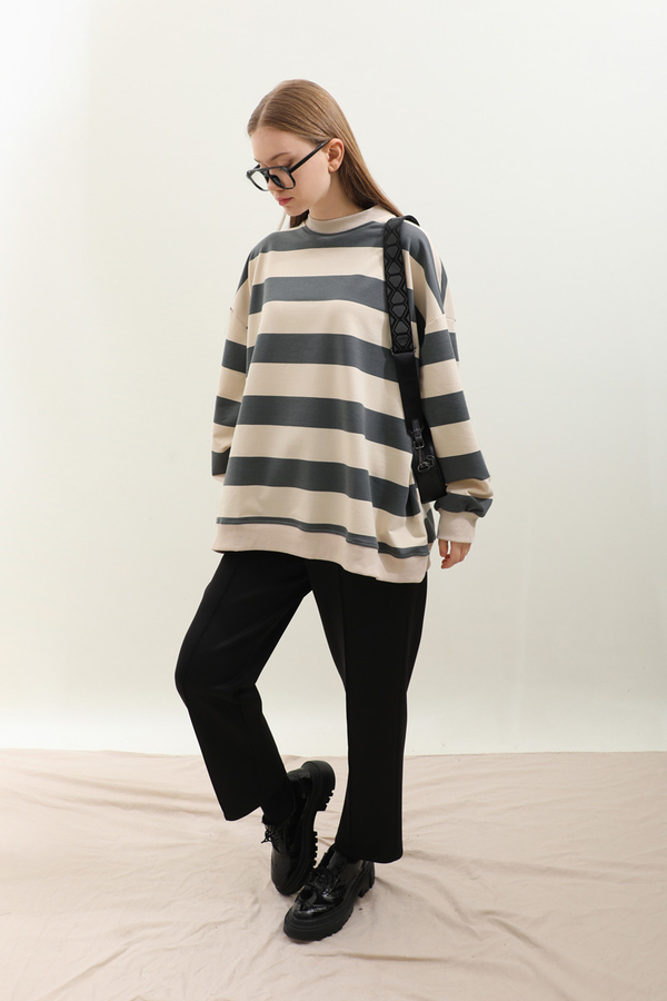Çizgili Basic Sweat Füme - 4