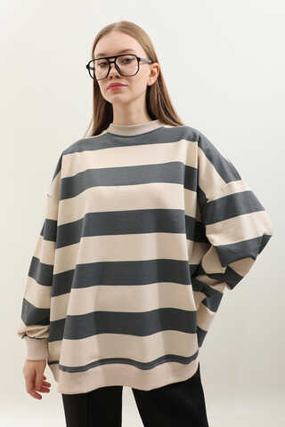 Çizgili Basic Sweat Füme - 1