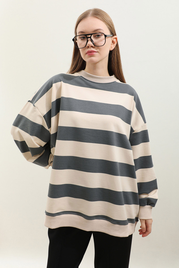 Çizgili Basic Sweat Füme - 6