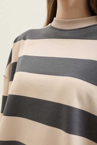 Çizgili Basic Sweat Füme - 7