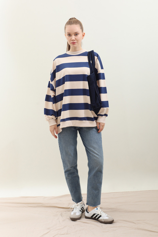 Çizgili Basic Sweat Lacivert - 1