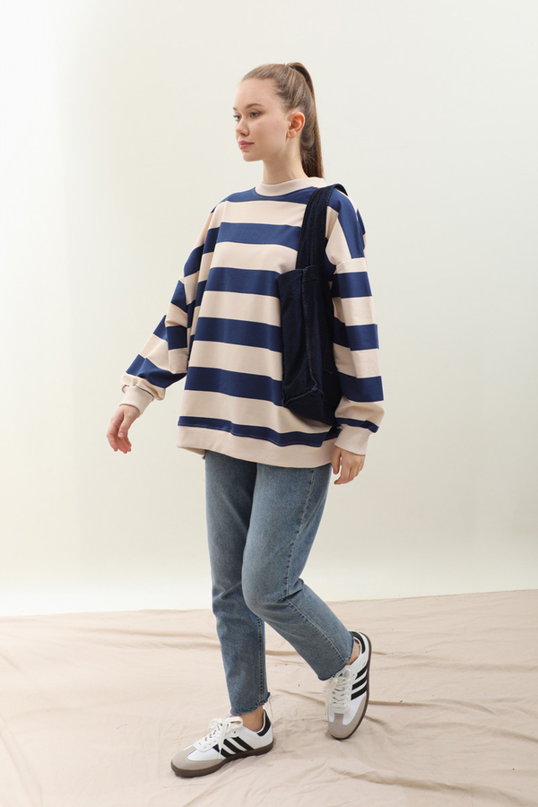 Çizgili Basic Sweat Lacivert - 3