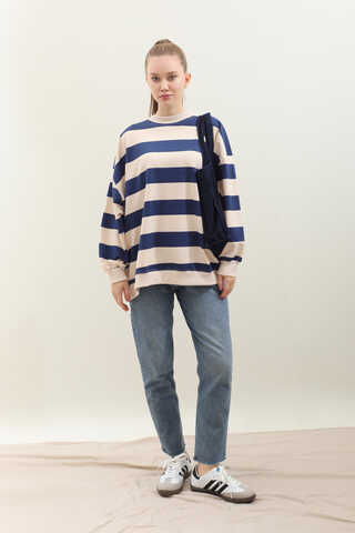 Çizgili Basic Sweat Lacivert - 1