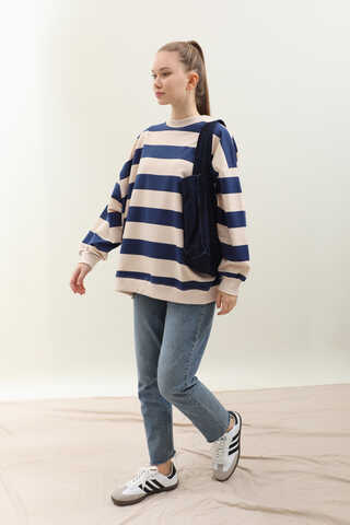 Çizgili Basic Sweat Lacivert - 3