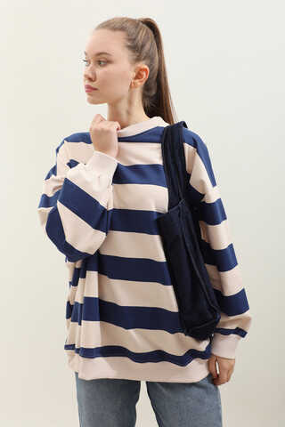 Çizgili Basic Sweat Lacivert - 4