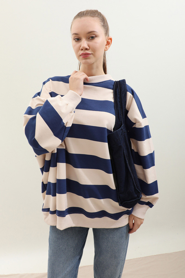 Çizgili Basic Sweat Lacivert - 2