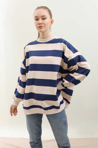 Çizgili Basic Sweat Lacivert - 5