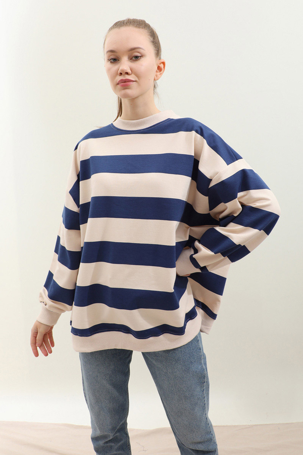 Çizgili Basic Sweat Lacivert - 5