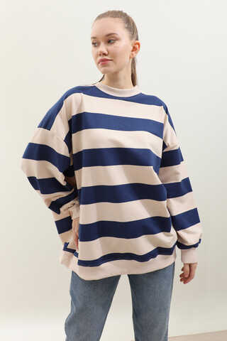 Çizgili Basic Sweat Lacivert - 6