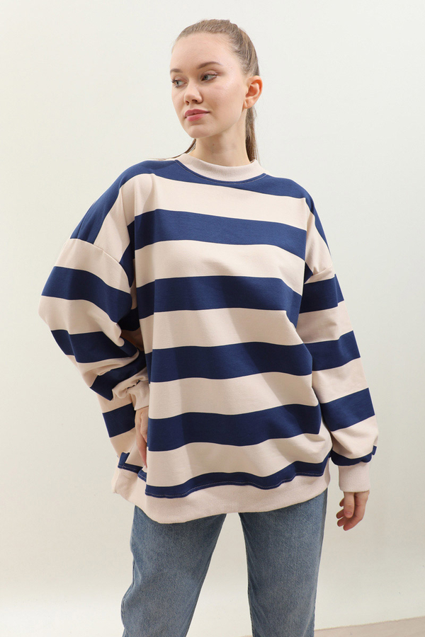 Çizgili Basic Sweat Lacivert - 6