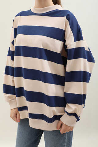 Çizgili Basic Sweat Lacivert - 7