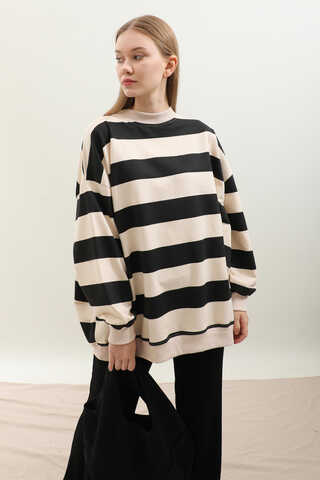 Çizgili Basic Sweat Siyah - 3