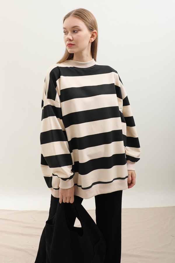 Çizgili Basic Sweat Siyah - 3