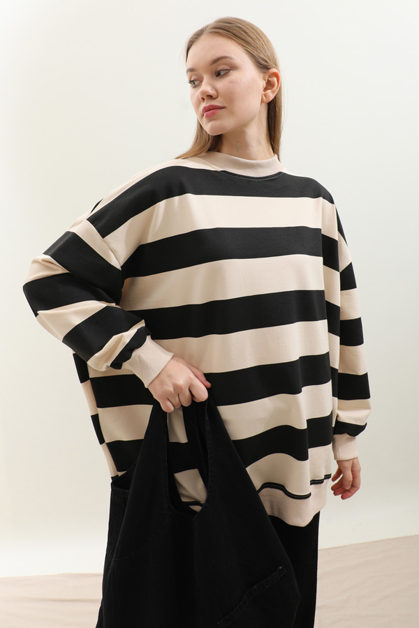 Çizgili Basic Sweat Siyah - 5