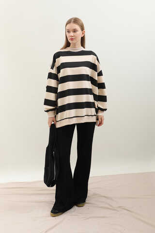 Çizgili Basic Sweat Siyah - 2