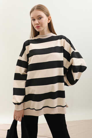 Çizgili Basic Sweat Siyah - 4