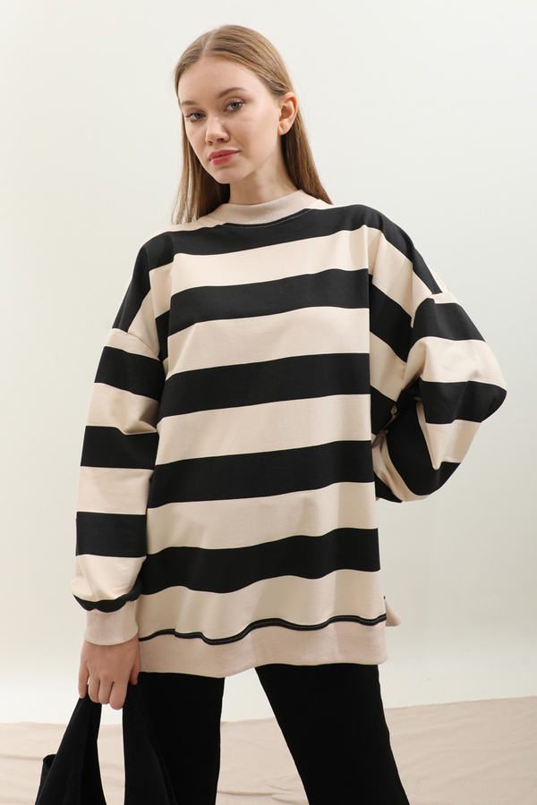 Çizgili Basic Sweat Siyah - 4