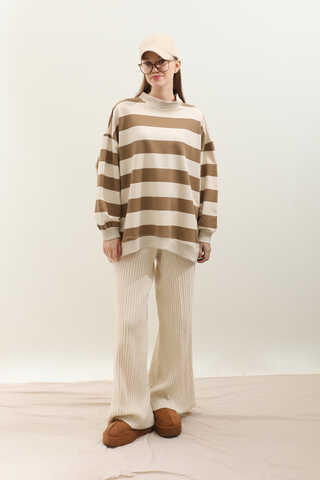 Çizgili Basic Sweat Taba - 3