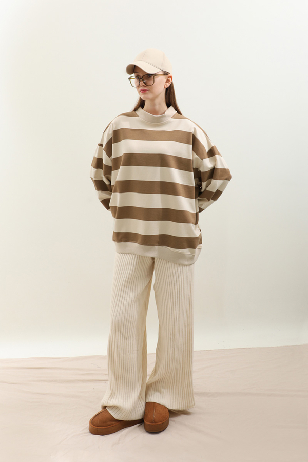 Çizgili Basic Sweat Taba - 4